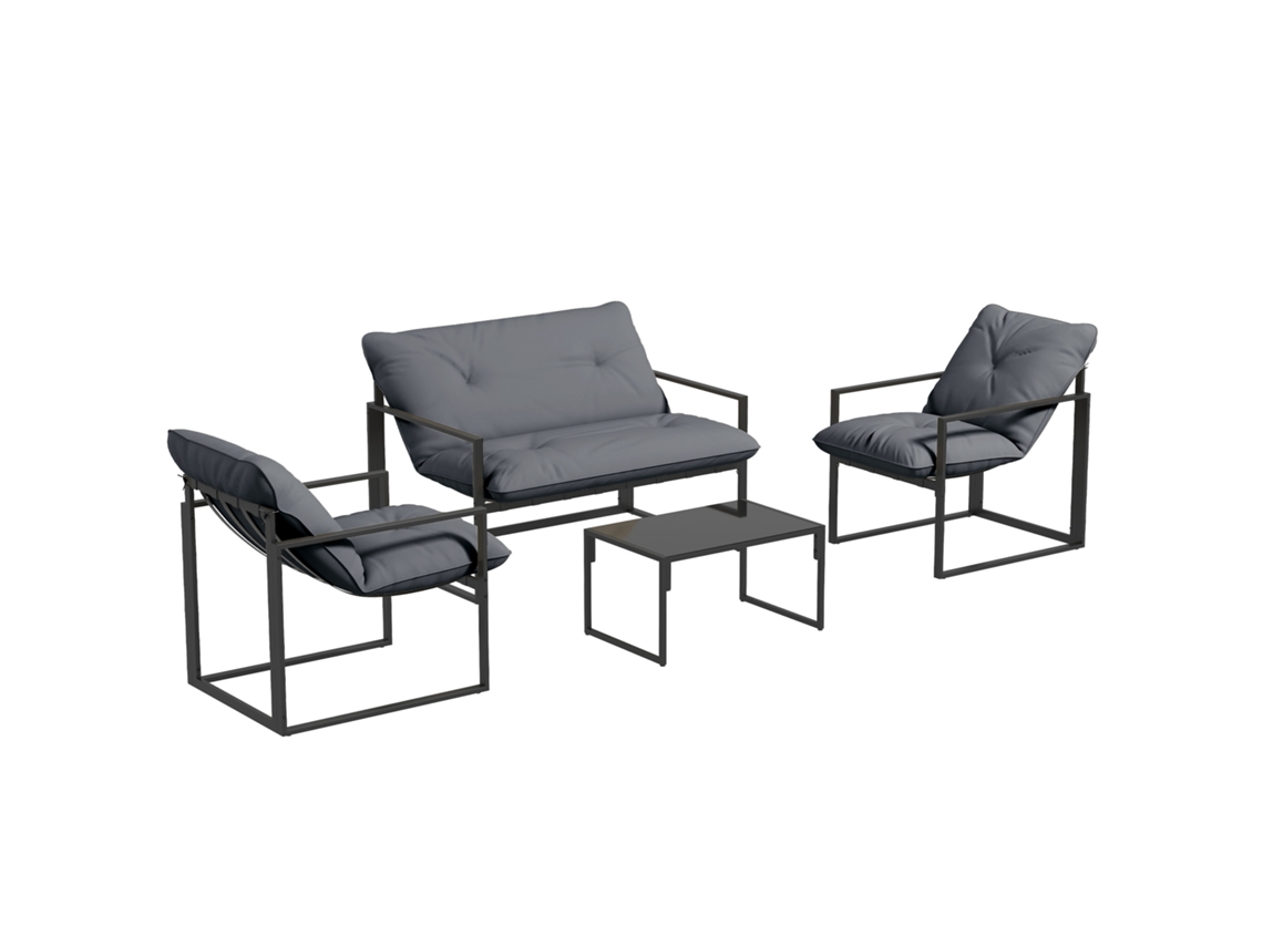 Conjunto De Jardim De 4 Peças Com Sofá,2 Poltronas E Mesa De Centro,em Aço,poliéster E Algodão Pp,preto E Cinza.