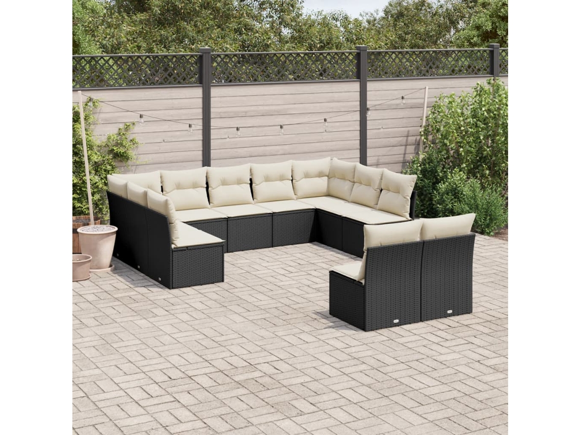 Vidaxl 11 Pcs Conjunto Sofás De Jardim C/ Almofadões Vime Pe Preto