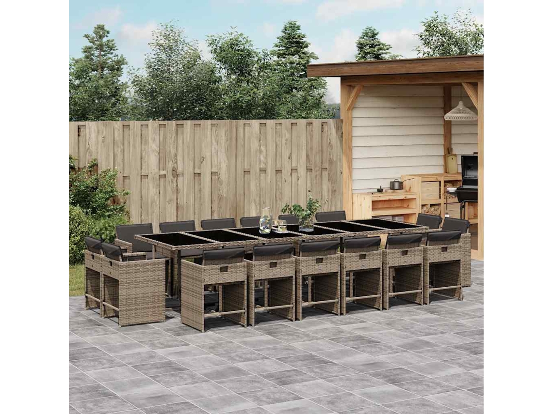 Vidaxl 17 Pcs Conjunto De Jantar P/ Jardim C/ Almofadões Vime Pe Cinza