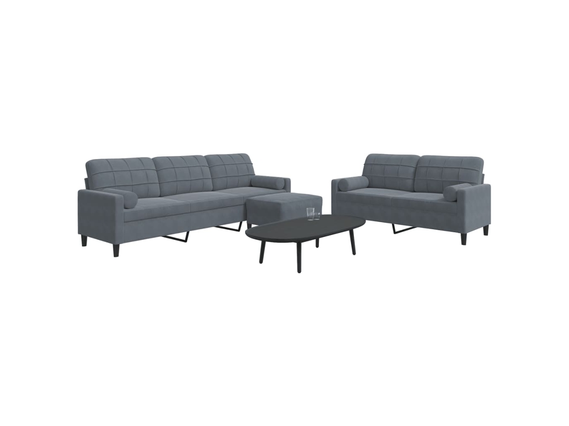 Vidaxl 3 Pcs Conjunto Sofás Com Almofadões E Rolos Veludo Cinza-escuro