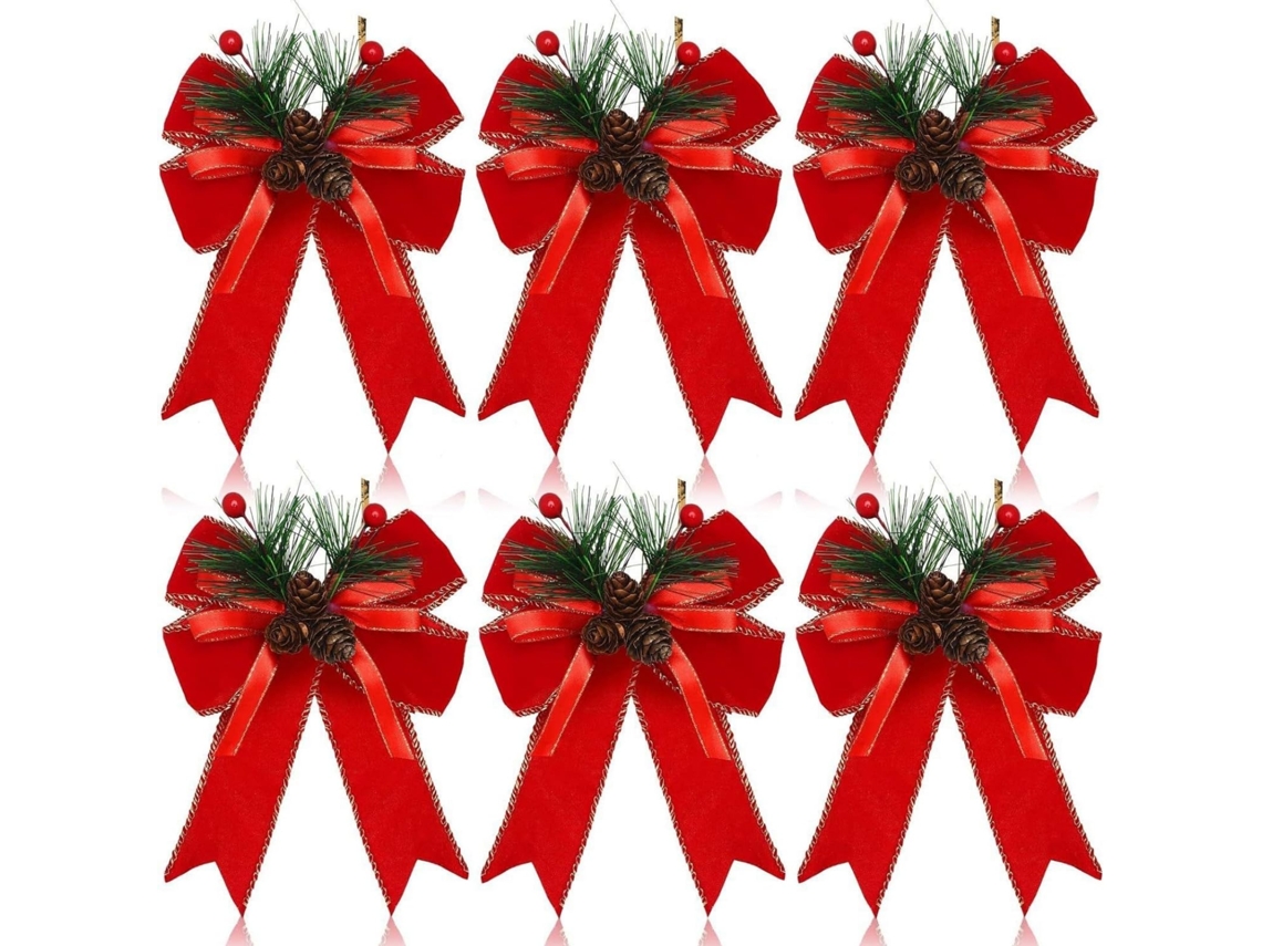 Conjunto De 6 Laços De Natal Para Árvore,grinalda E Decoração De Porta,interior E Exterior,em Pinha E Vermelho Btforus