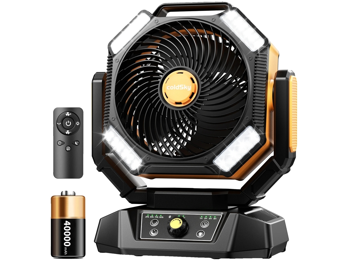 Ventilador De Camping, Bateria Recarregável, Controle Remoto, Amarelo, Para Ventilação Portátil Com Controlo Prático Das Funções Indicadas