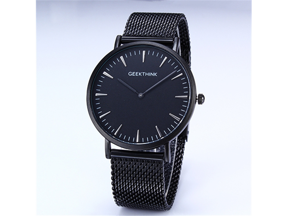 Relógio Masculino de Quartzo com Pulseira de Malha de Aço Inoxidável e Mostrador Redondo Preto