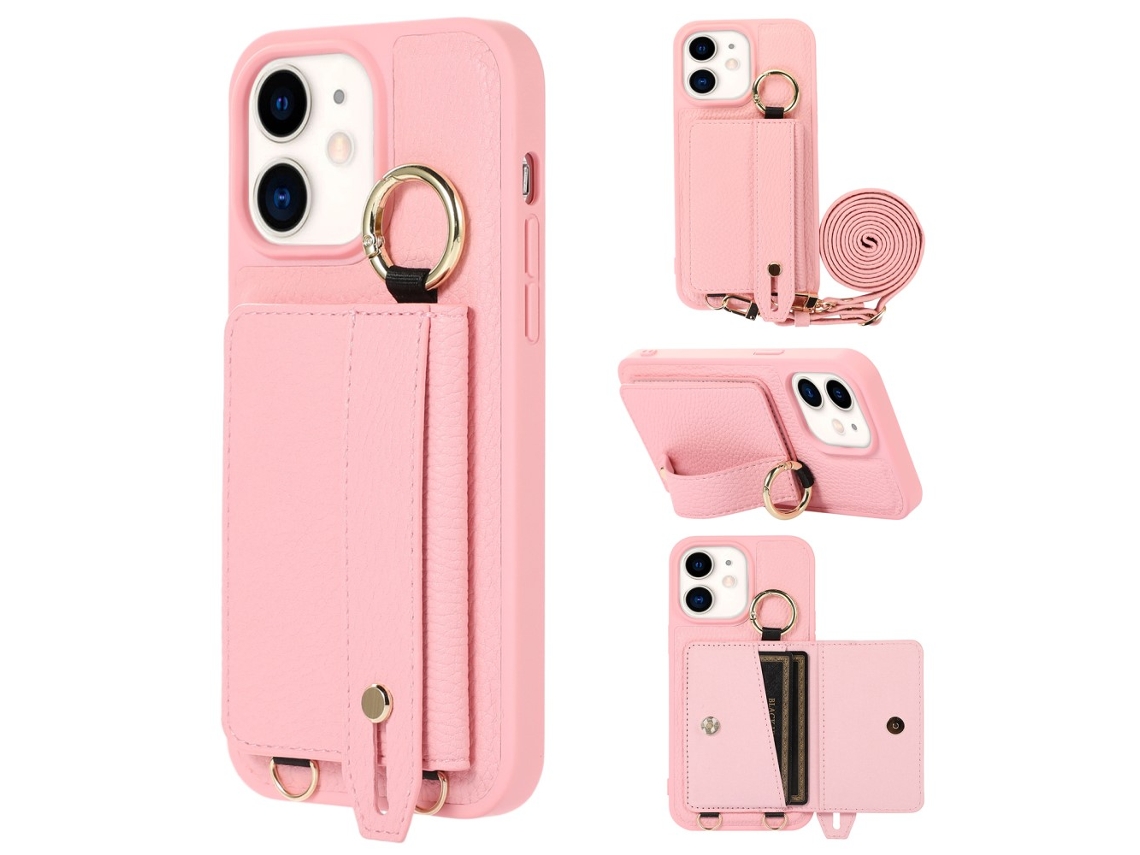 Suporte Casa Pega Para Iphone 11 Pele Sintética Com Porta-cartões Rosa