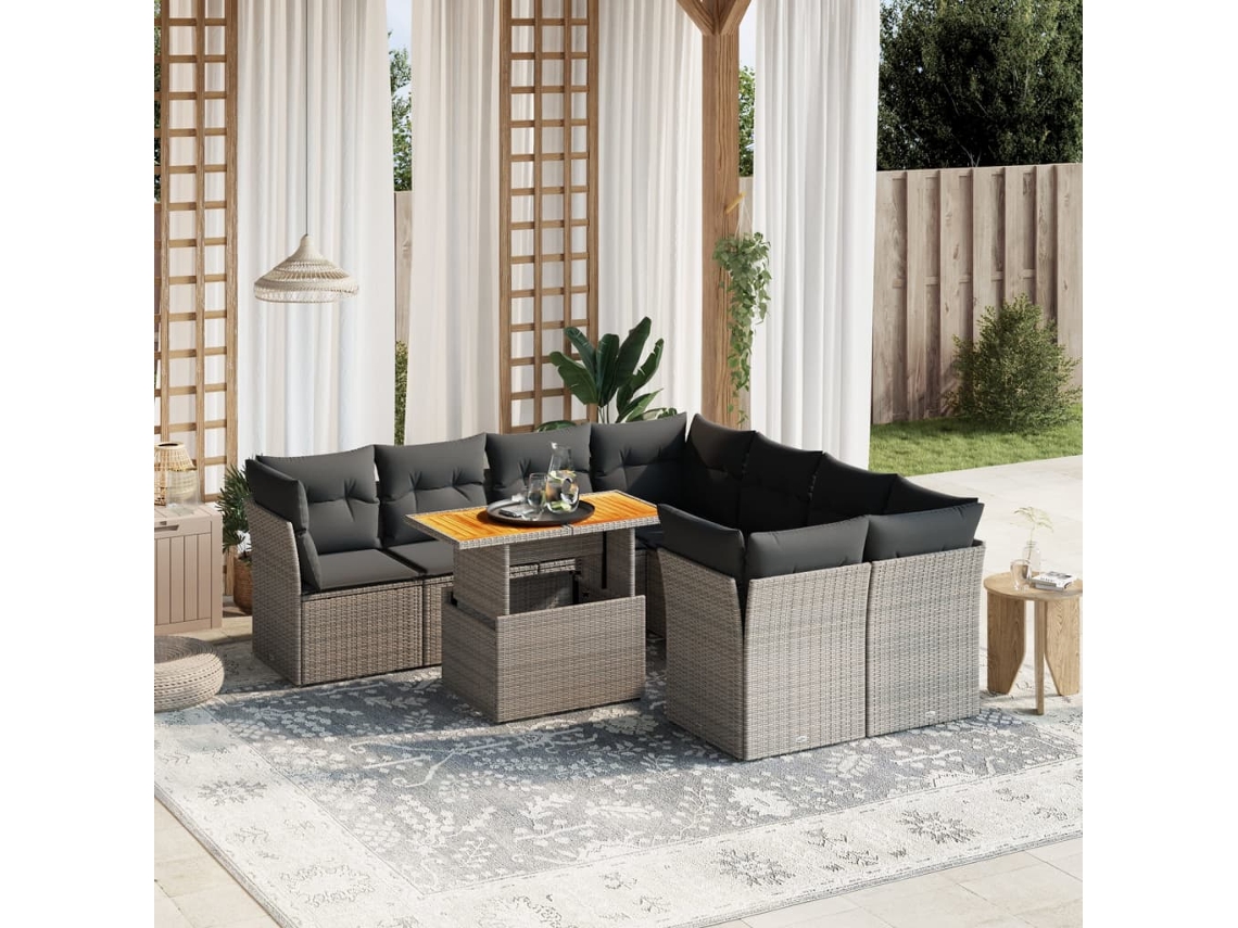Vidaxl 9 Pcs Conjunto Sofás P/ Jardim Com Almofadões Vime Pe Cinzento