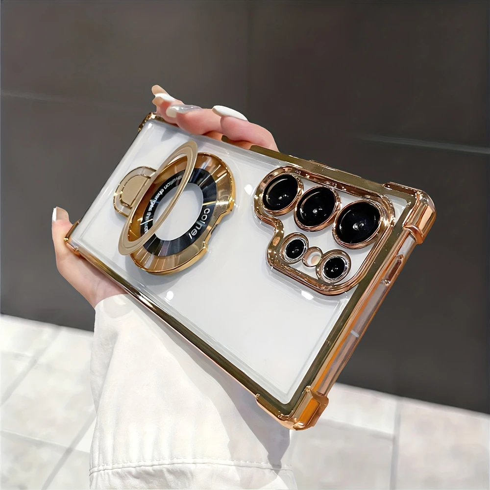 Capa Para Celular Samsung Galaxy S24 Dourada Com Suporte Magnético E Revestimento Eletroplástico, Resistente A Impactos.