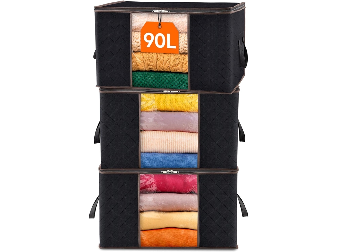 Saco Organizador Grande Para Roupas Com Alça Reforçada, Tecido Grosso Para Edredons, Cobertores E Roupas De Cama, Pacote Com 3 Unidades, 90l