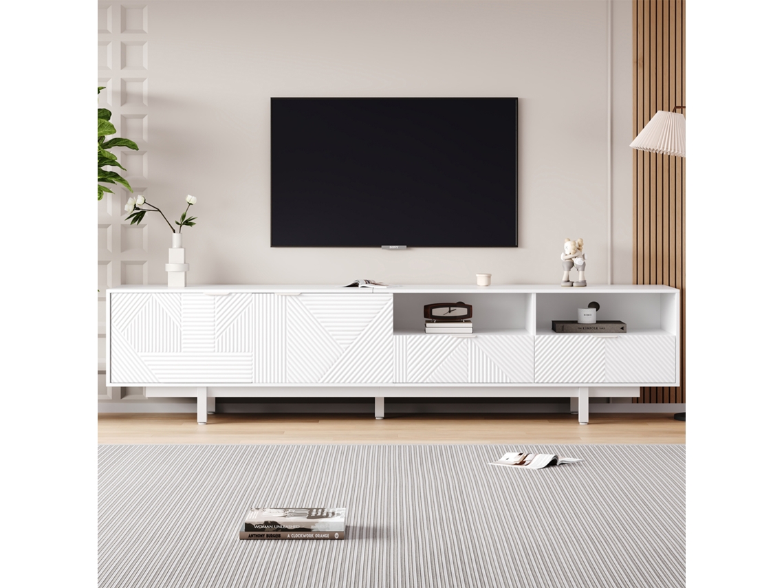 Móvel para TV KOMHTOM branco boho moderno, 200x40x51 cm, linhas geométricas, amplo armazenamento, para TV 90 polegadas