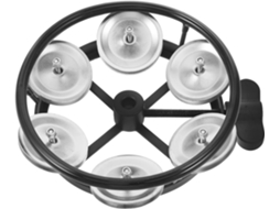 Pandeiro Charleston Para Bateria, Com Design Exclusivo Em Metal Prateado E Estrutura Preta.