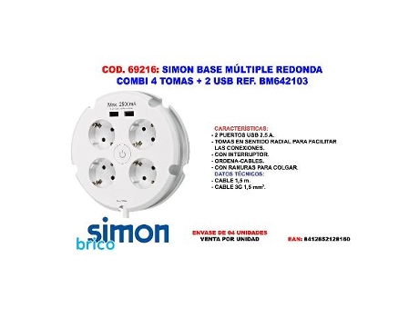 Simon base multiple redonda combi 4 tomas + 2 usb bm642103