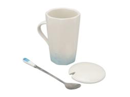 Caneca Cerâmica 400ml Estilo Pintura de Tinta com Colher e Tampa Ciano