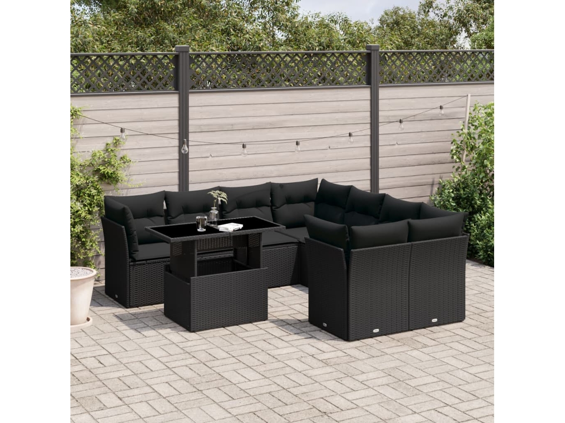 Jogo de Sofá 9 Peças P/ Jardim C/ Almofadões Vime Pe Preto Dkd Home Decor