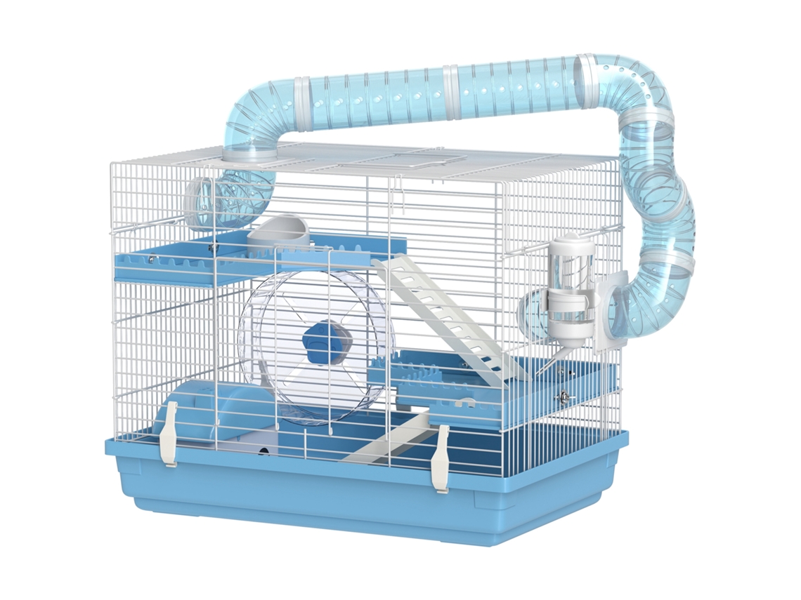 Gaiola Hamster 3 Níveis Alojamento Roda Tigela Comida Mamadeira Tubos Pequenos Roedores Anões 47,5x31,5x29,5cm Azul Claro Ge