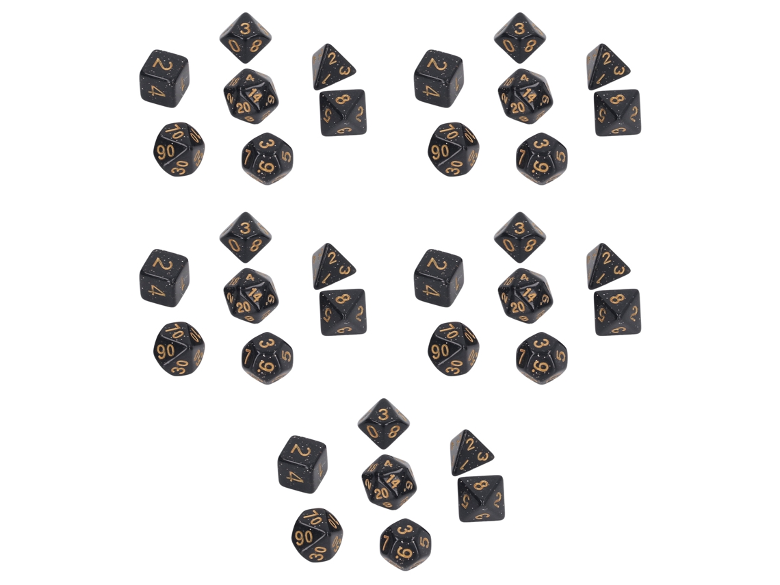 5 conjuntos de dados poliédricos Pérola com números dourados para jogos interativos e materiais escolares iniciais.