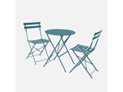 Conjunto De Jardim Com Mesa Bistrô Dobrável Em Aço Com 2 Cadeiras, Ø60cm, Azul Esverdeado