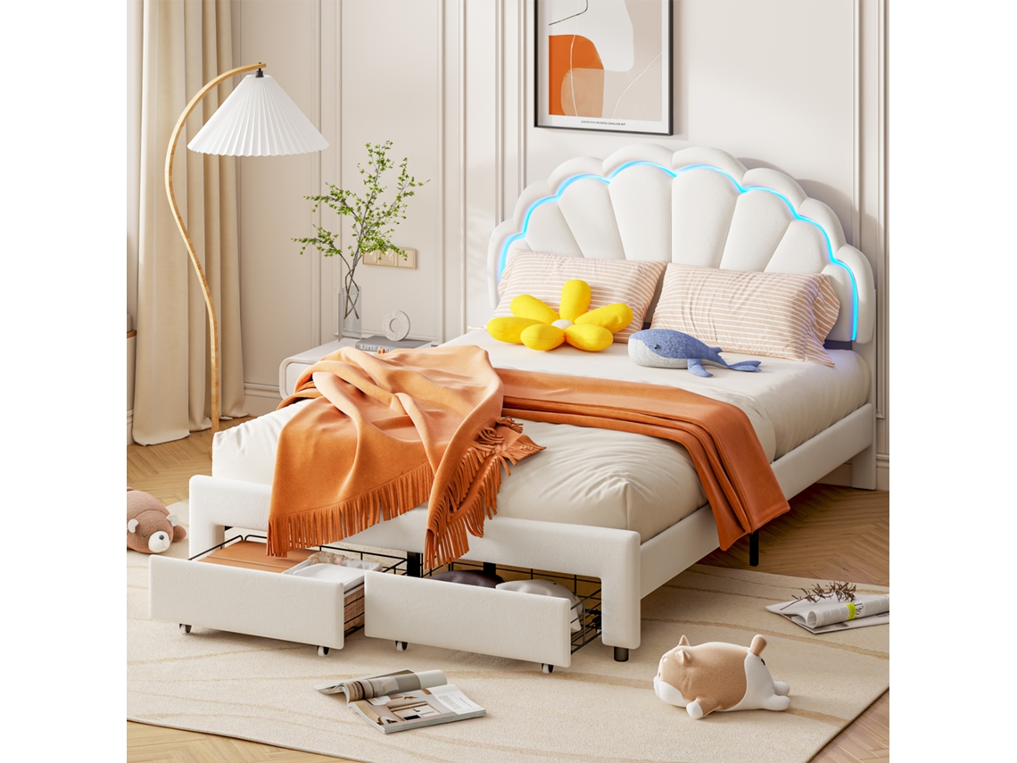 Cama Individual Estofada 140x200cm, Com Fitas Led Multicoloridas E Variáveis, Duas Gavetas, Cama De Casal, Veludo, Branca Rosahqnda