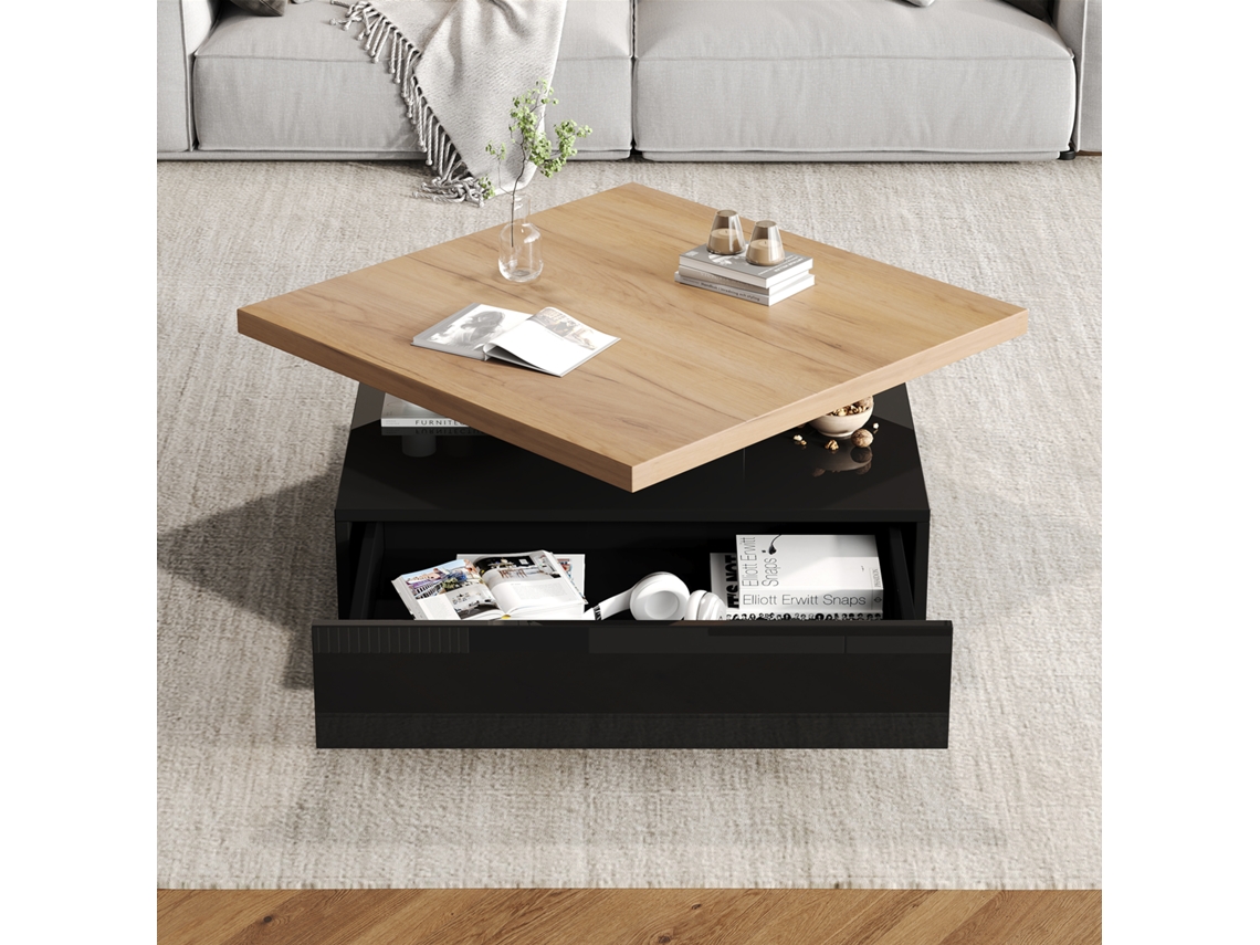 Mesa Lateral Multifuncional Com Gaveta De Café 360°, Móvel 2 Níveis Com Giro Central E Armário Em Preto E Madeira Natural.