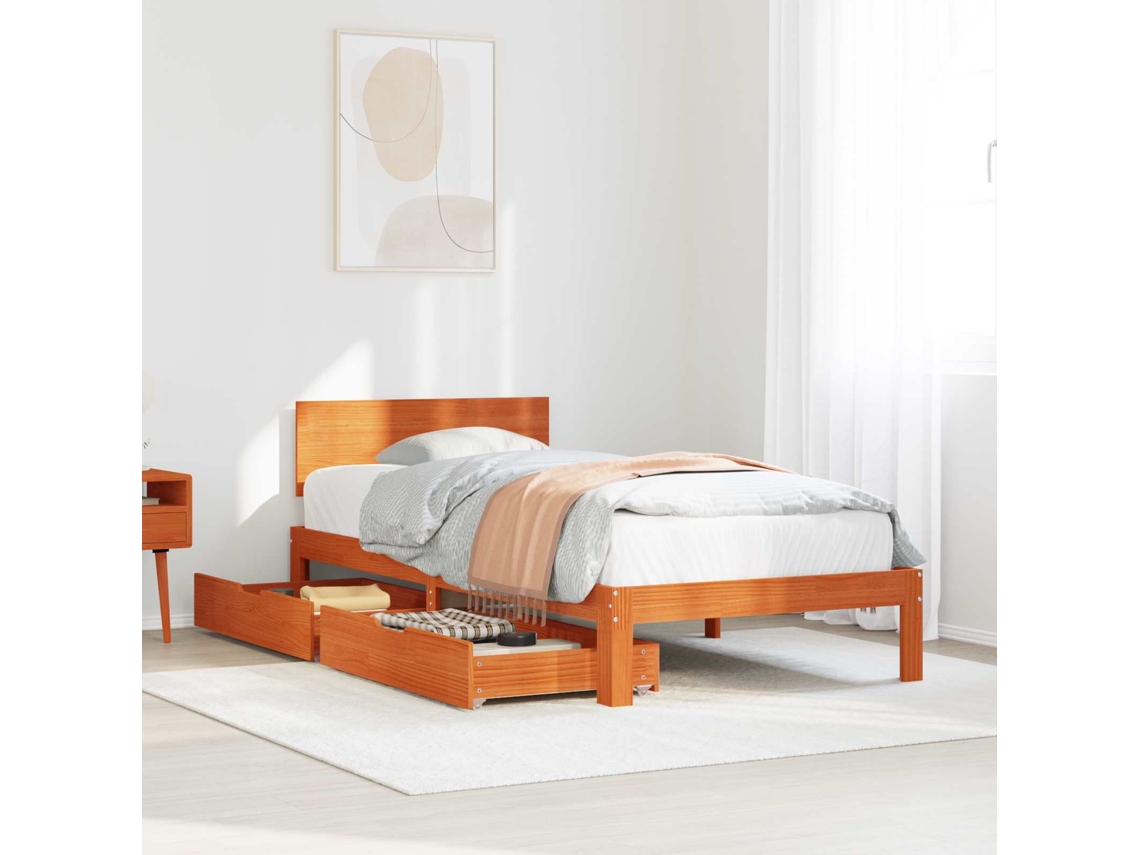 Vidaxl Estrutura Da Cama 3 Pcs Marrom Cera Madeira De Pinho Sólido