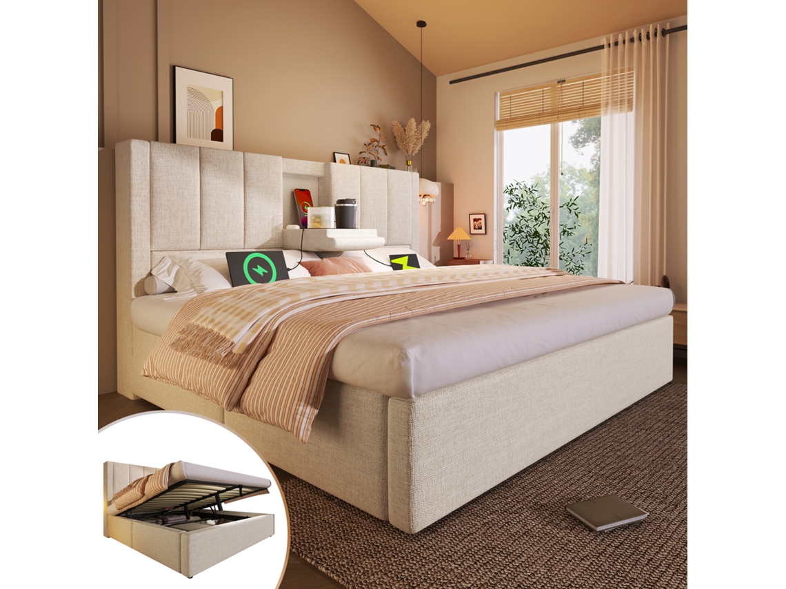 Cama Estofada 140x200 Porta-copos Usb Hidráulico Linho Bege