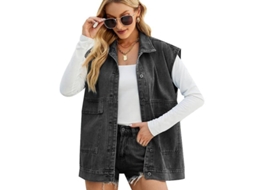 Colete Jeans Oversized Feminina De Manga Curta Com Bolso Lateral E Gola Lapela, Casual E Estilosa Para Vários Ocasiões Preto