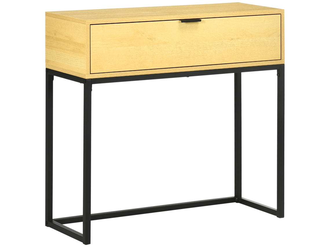 Mesa Console Com Gaveta Console Moderno Mesa De Entrada Com Pés De Aço 80x30x76 Cm Madeira E Preto