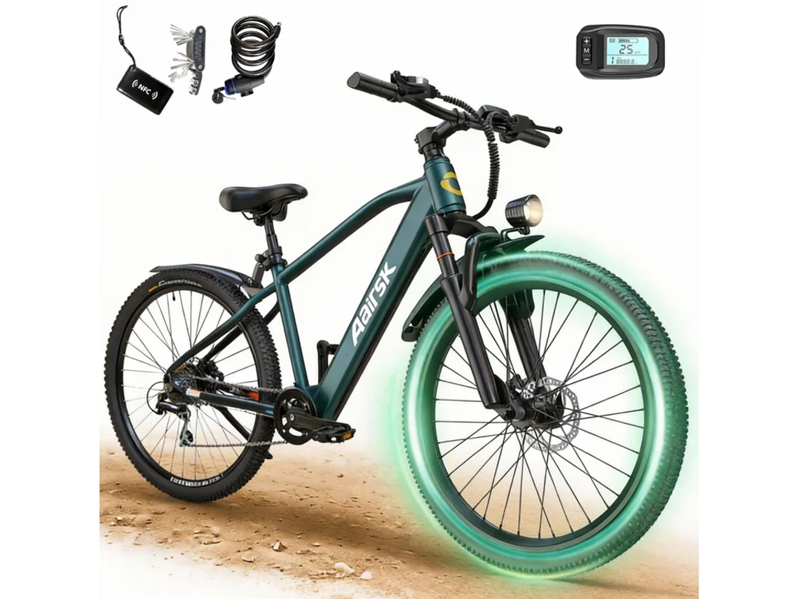 Bicicleta elétrica Aairsk GT300 de 26 polegadas para adultos, motor de 250 W, 7 velocidades, bateria de 36 V 10 Ah, autonomia de 30 a 60 km.
