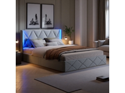 CAMA COM ARRUMAÇÃO 160x200cm, ripas, tecido veludo, hidráulica, com 2 gavetas, bege