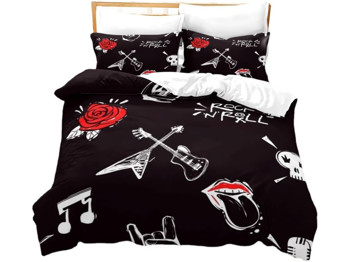 Capa de Edredom com Estampa Guitarra Rock em Microfibra Fronha 220x240cm (50x75cm)