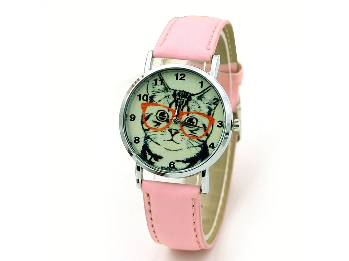 Relógio de Pulso Feminino de Couro Pu Padrão de Gato Liga Quartzo Rosa