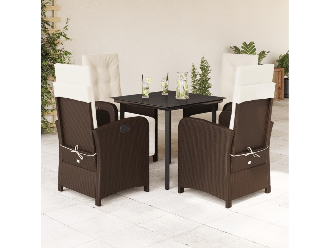 Vidaxl 5 Pcs Conjunto Jantar P/ Jardim C/ Almofadões Vime Pe Castanho