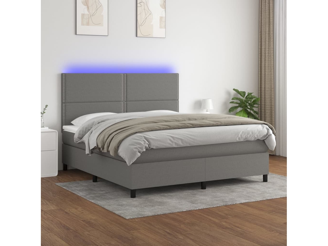 Vidaxl Cama Box Spring C/ Colchão E Led 180x200 Cm Tecido Cinza-escuro