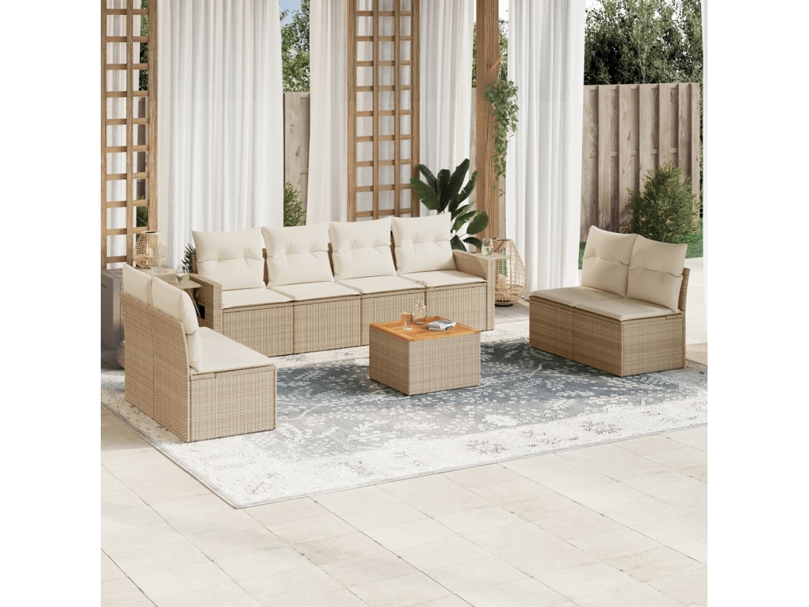Vidaxl 9 Pcs Conjunto De Sofás P/ Jardim Com Almofadões Vime Pe Bege