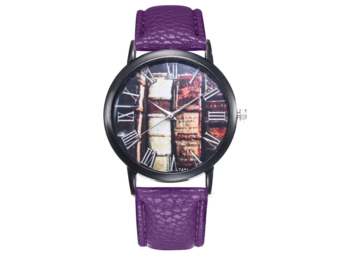 Relógio de quartzo unissex com pulseira de couro PU, mostrador redondo, modelo T431 (roxo)