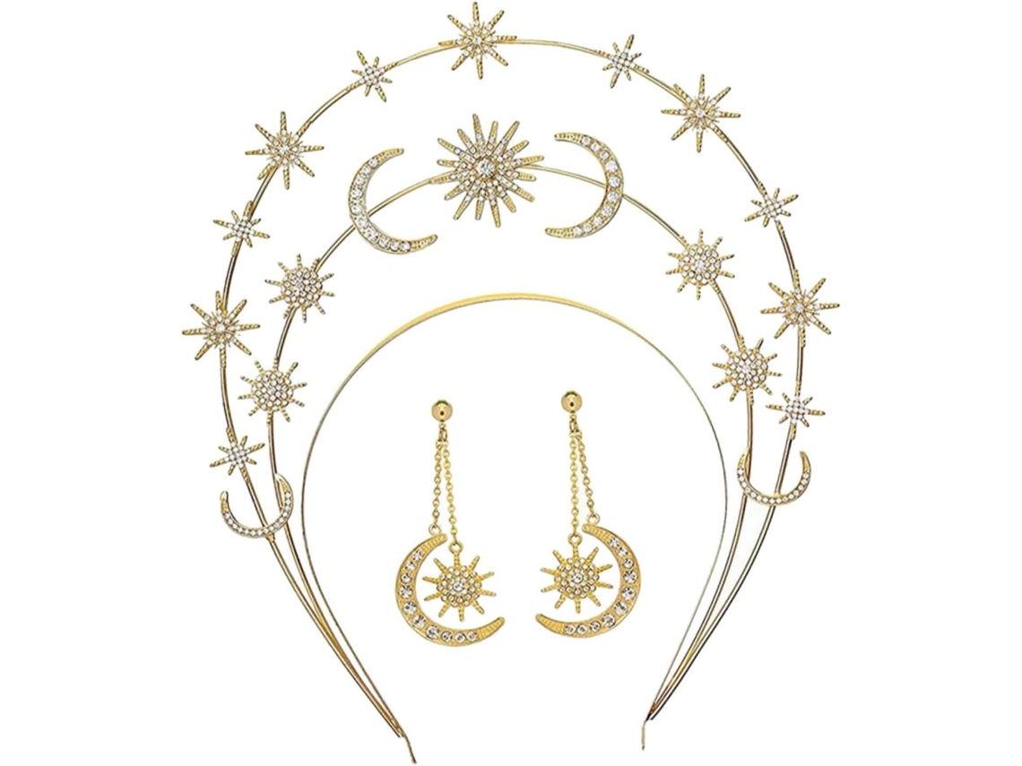 Conjunto De Tiara Deusa Com Estrelas E Luas, Tiara De Três Camadas Com Brincos Dourados.