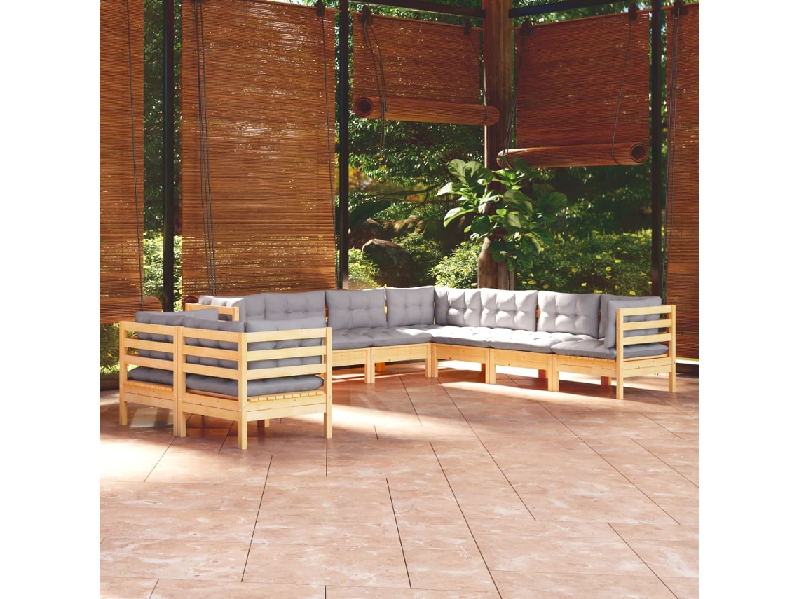 Vidaxl 9 Pcs Conjunto Lounge De Jardim + Almofadões Cinza Pinho Maciço