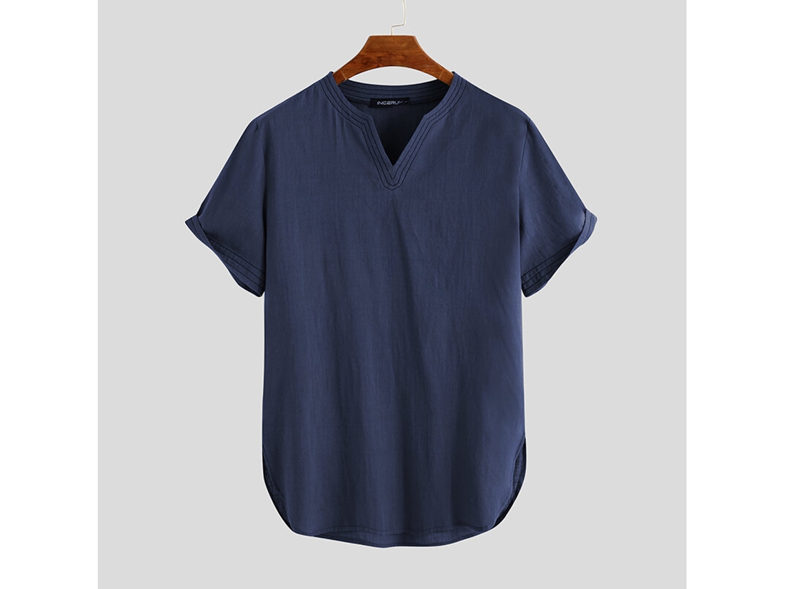 Camisa Masculina De Linho Manga Curta Azul Marinho Tamanho M Ideal Para O Verão Fresca E Confortável Perfeita Para Caminhadas E Férias Ao Ar Livre