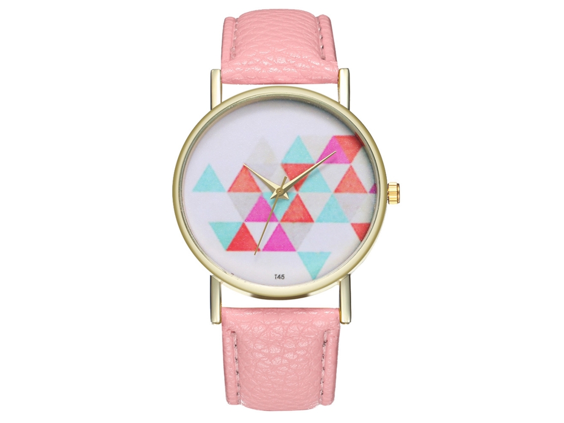 Relógio de quartzo com pulseira de couro PU, unissex, mostrador rosa simples.