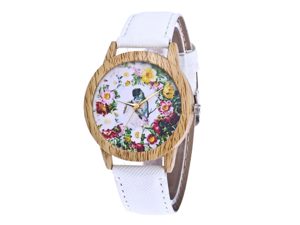 Relógio Feminino Zhoulianfa de Quartzo com Pulseira de Lona e Padrão Flor e Ave Branco