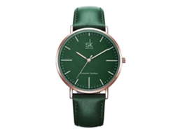Relógio de Pulso Feminino Simples de Quartzo com Cinta de Couro Pu Shengke (verde)