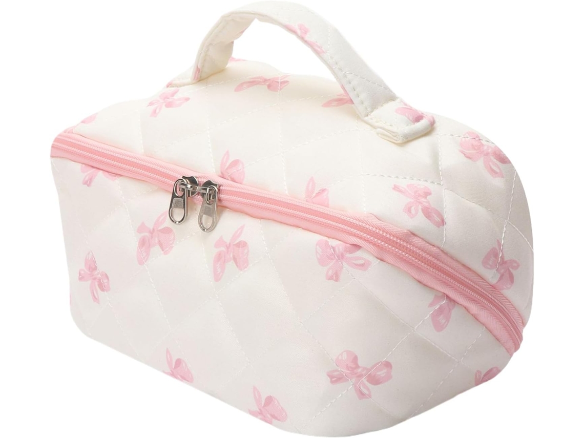 Nécessaire acolchoada essencial para maquiagem, ideal para organizar cosméticos e itens de higiene pessoal em casa.