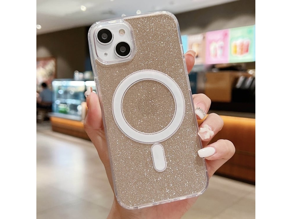 Capa Transparente Com Glitter Para Iphone 14 Plus - Acrílico - Magsafe - Dourada