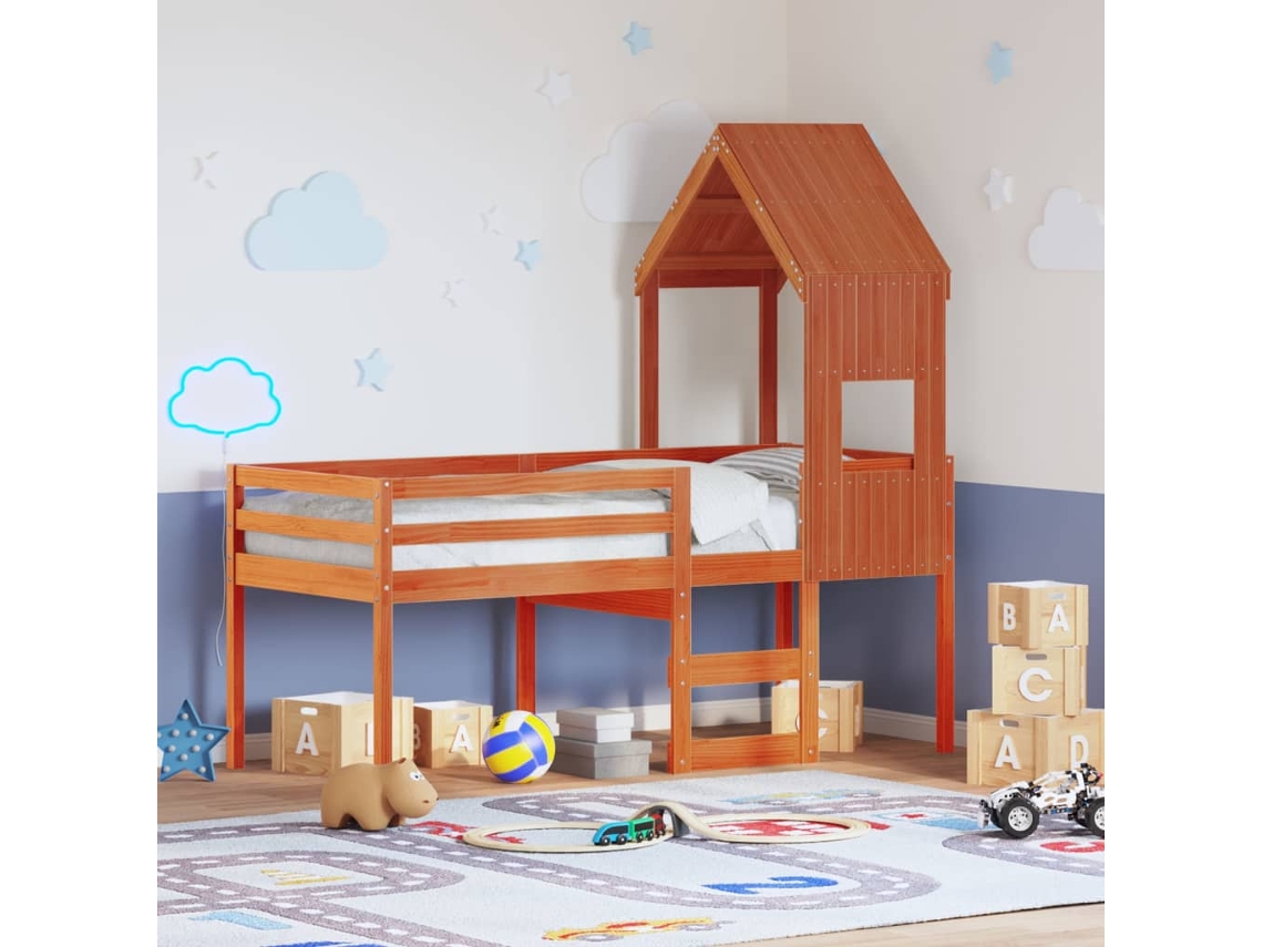Cama Alta Com Telhado 90x190 Cm Pinho Maciço Castanho-mel