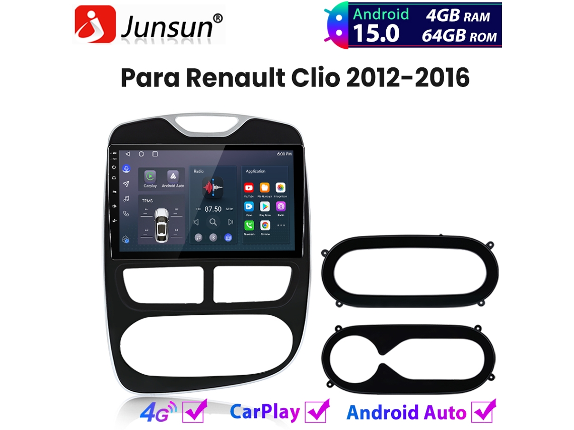Rádio Automóvel JUNSUN Android 15 Autoradio 4+64gb 8 núcleo Carplay para Renault Clio 2012 2016 Gps Navi Bt 4g Wifi S/MARCA