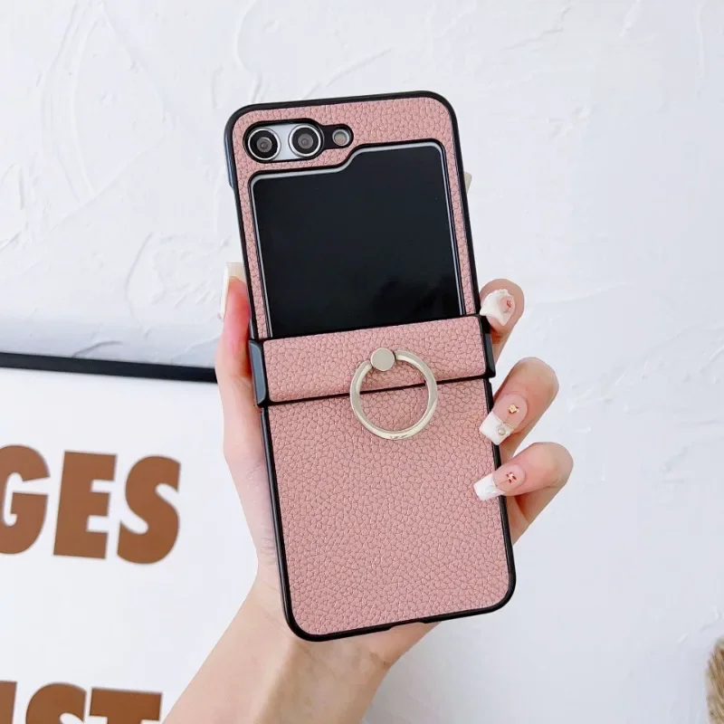 (rosa, Galaxy Z Flip6) Capa Flip Para Celular Em Couro Com Textura De Lichia, Resistente A Quedas, Com Suporte De Anel De 360°