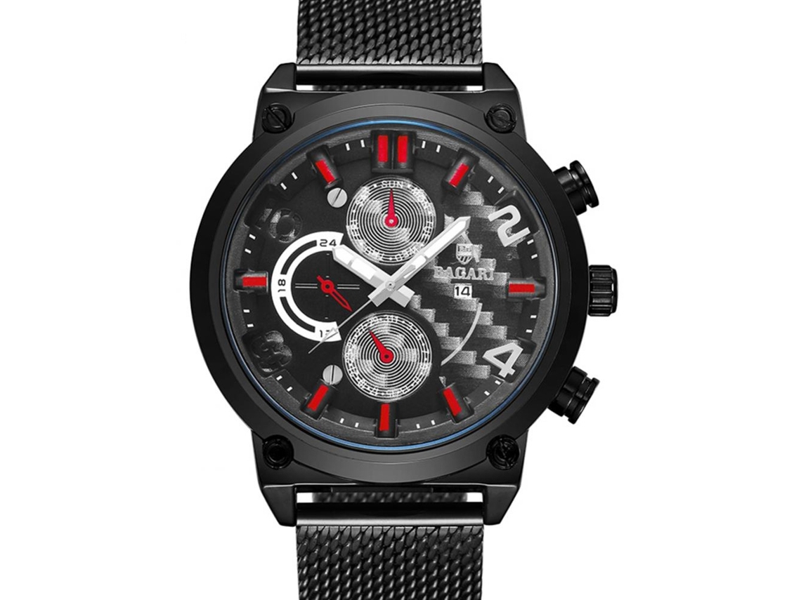 Relógio de quartzo masculino Bagari com pulseira esportiva de malha (preto/vermelho)