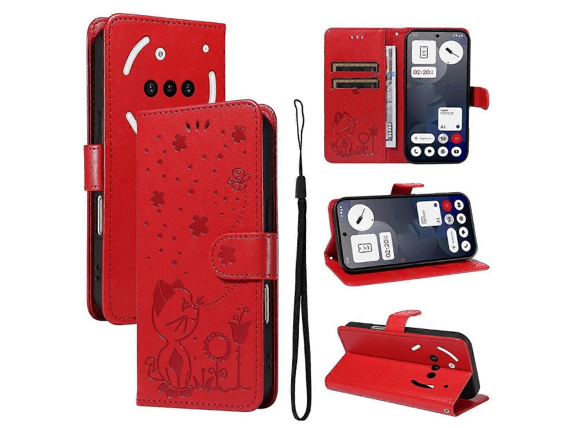 Capa De Celular Flip Em Couro Com Estampa De Gato E Abelha Para Nothing Phone 3a
