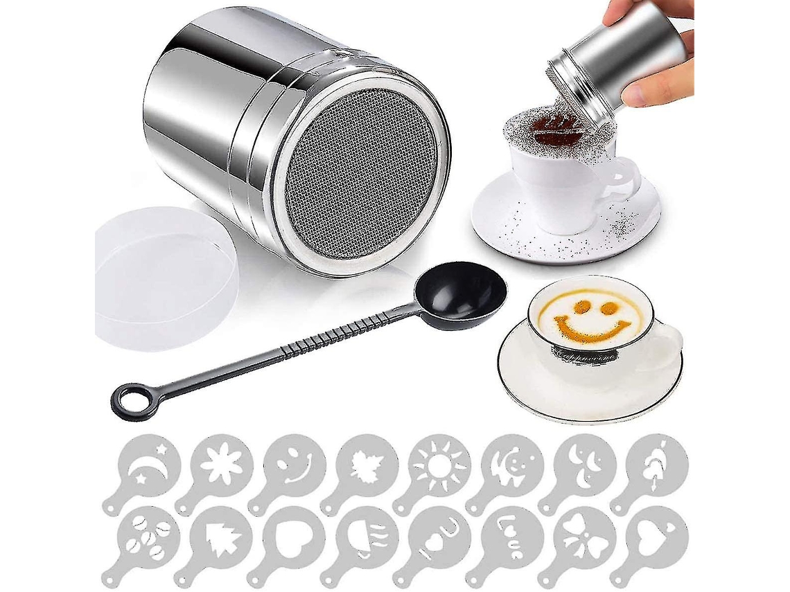 Mexedor de cacau em aço inoxidável 304 com tampa e 16 moldes para cappuccino, açúcar de confeiteiro e especiarias.