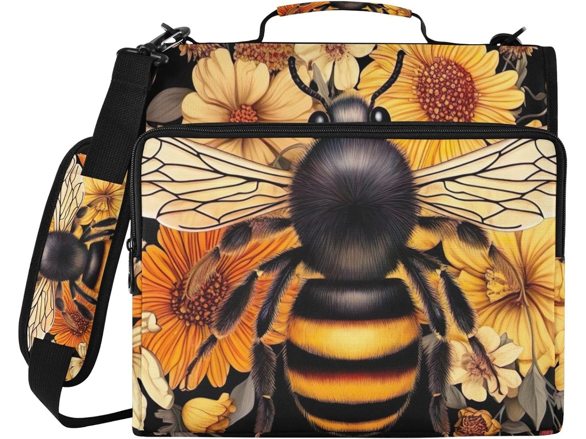Pasta De Argolas Preta Com Zíper, Compartimento Laptop E Vários Bolsos, Estampa De Abelhas E Flores, Ideal
