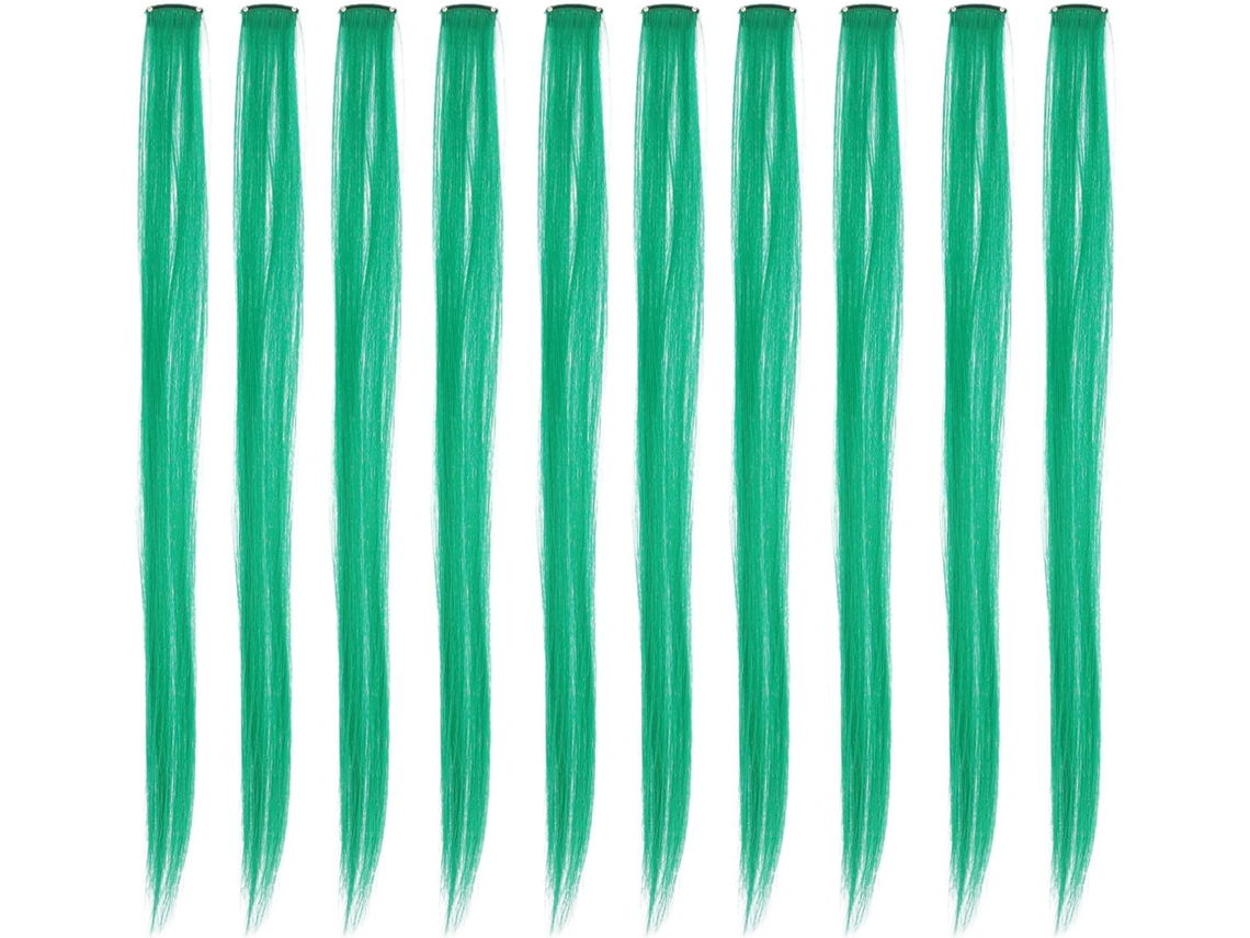 10 Peças De Extensões De Cabelo Com Glitter Verde Em Presilhas De Seda Resistentes A Altas Temperaturas.