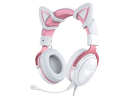 Fone de ouvido gamer com fio tipo orelha de gato, microfone, cancelamento de ruído, som surround e luz LED.